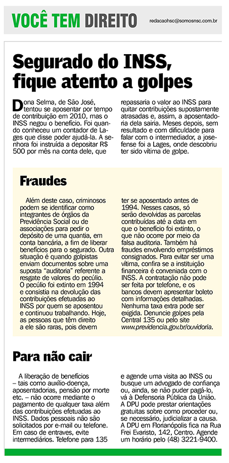 Coluna da DPU no jornal Hora de Santa Catarina – Segurado do INSS, fique  atento a golpes – Defensoria Pública da União em Santa Catarina